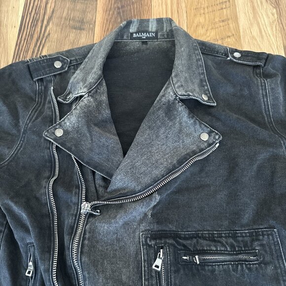 BALMAIN Paris Crach Double Rider Mens Denim Jacket Black/Gray Italy Money - Picture 4 of 16